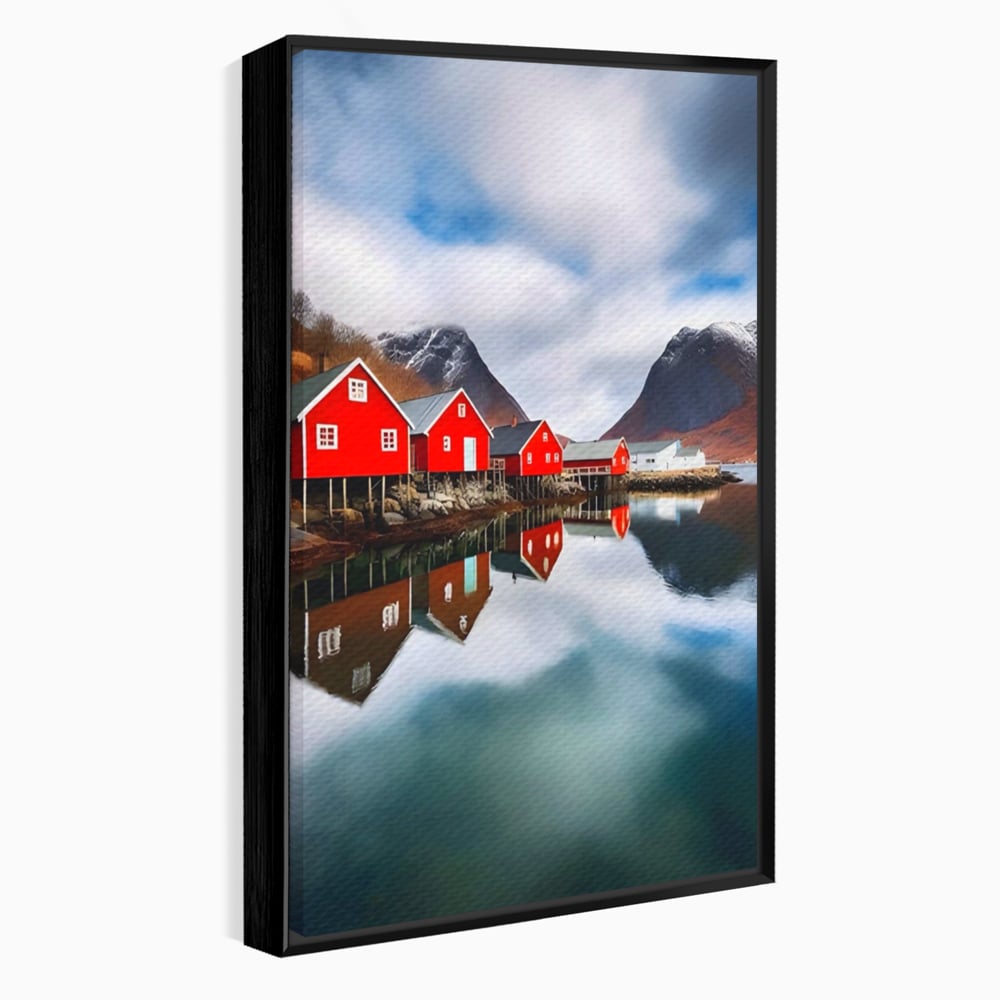 Tablou canvas cu tablou canvas cu cabane rosii, in rama de aluminiu negru
